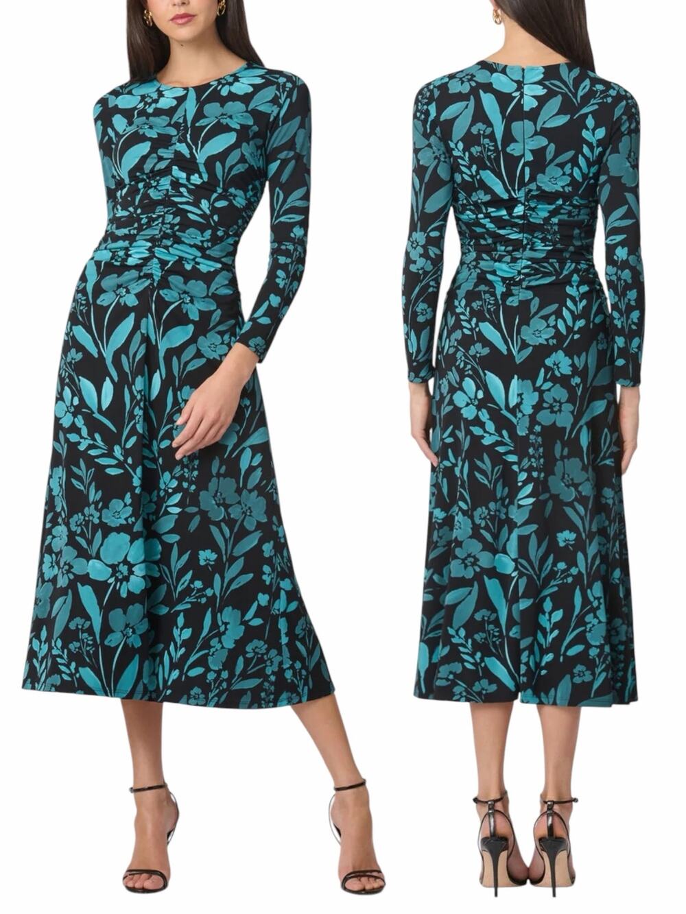 Shoshanna Max Highgate Floral Midi Dress Jet Black Teal Size 8